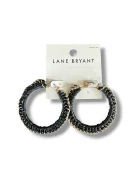 Lane Bryant Black Gold Textured Hoop Earrings 2.25” Leverback Nickel Free NWT